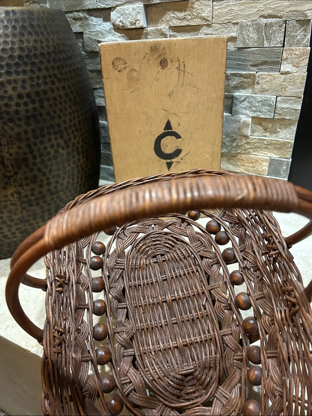 SOLD- vintage wicker rattan foraging flower trug basket decorated w/ wooden bead